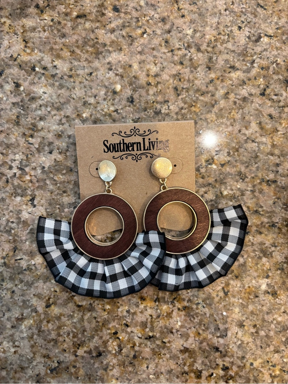 Southern Living Black & White Gingham Fan Wood Hoop Earrings